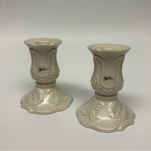 Oleg Cassini Ivory Embossed Set Porcelain Taper Candle Holders Cottage Décor